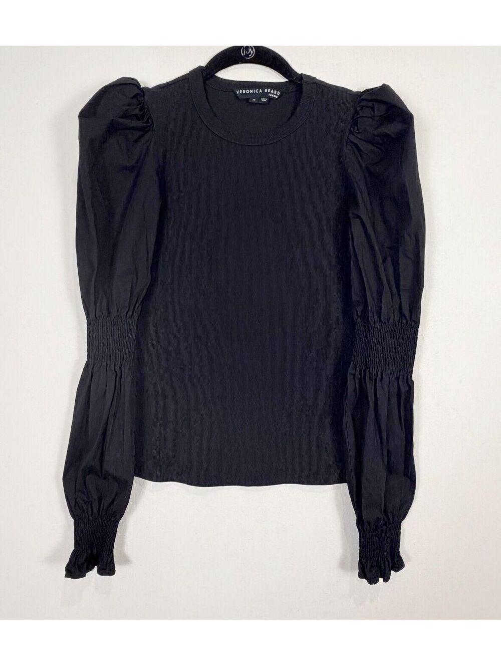 Veronica Beard Jean Fawn Black Mixed Media Ribbed Puff Sleeve Top Women's XS